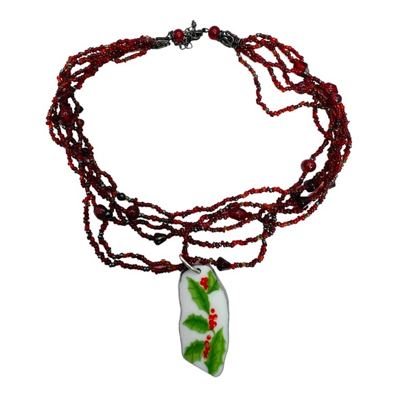 English Fine Bone China Holly Tree Handcrafted Pendant W VNTG Multi Strand Beads - Picture 4 of 10